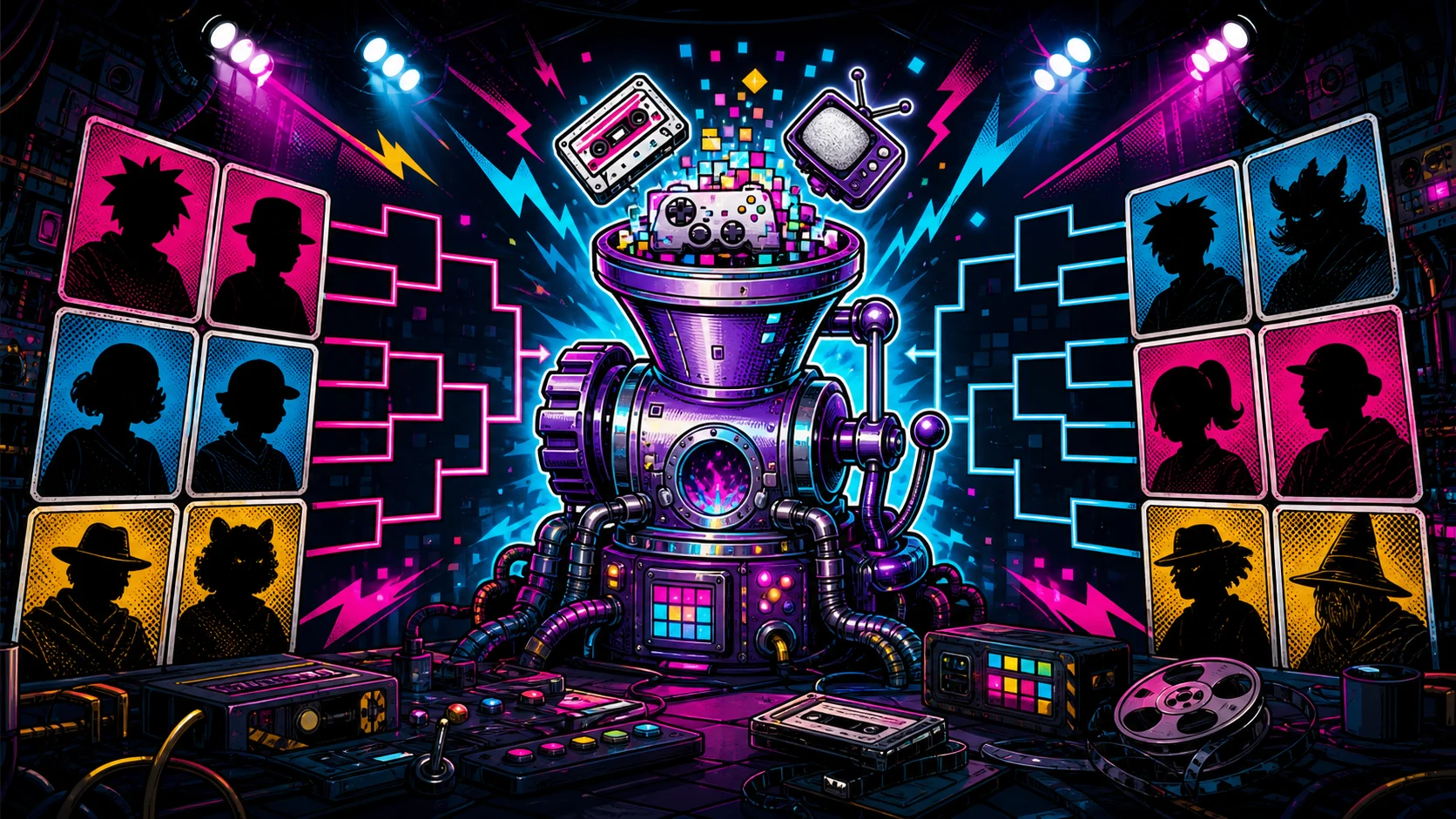 Neon comic-style story engine surrounded by tournament brackets and anonymous character cards