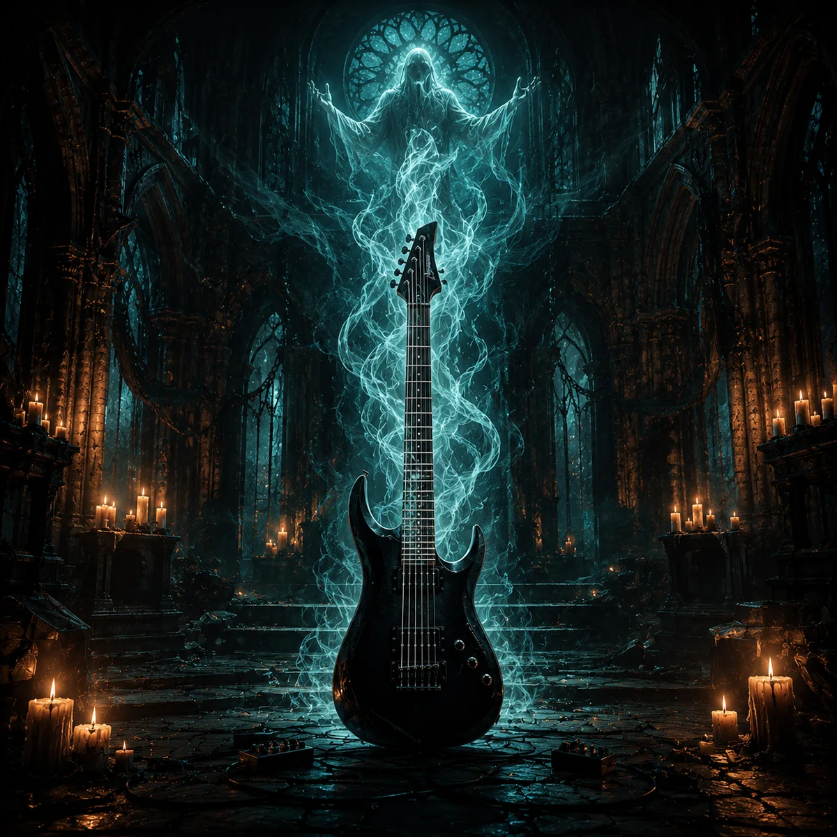 Ghostly Rising album art with a black electric guitar in a dark gothic chapel.