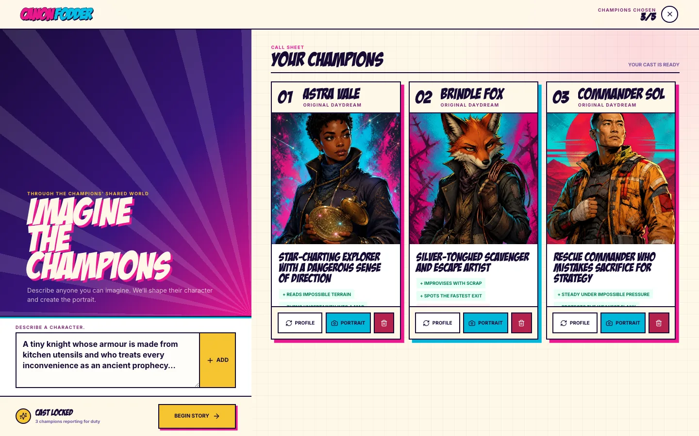 Canon Fodder character-creation screen with a written character idea and three original Champion cards.