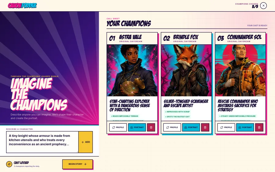 Canon Fodder character-creation screen with three original Champion cards.