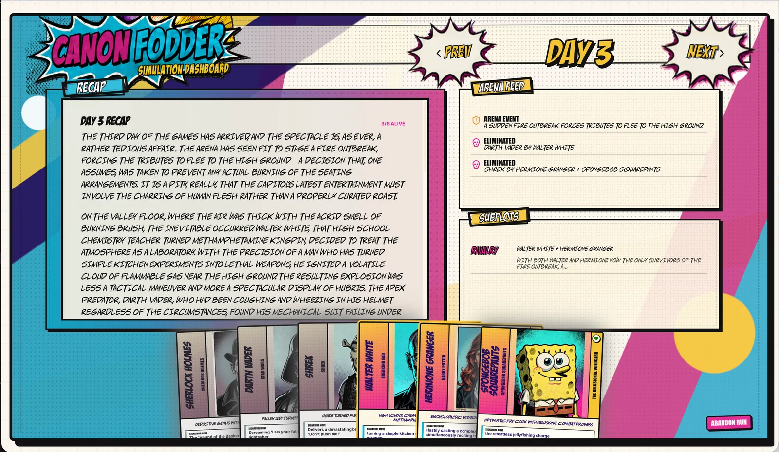 Canon Fodder day recap screen showing a feed of events and status updates.