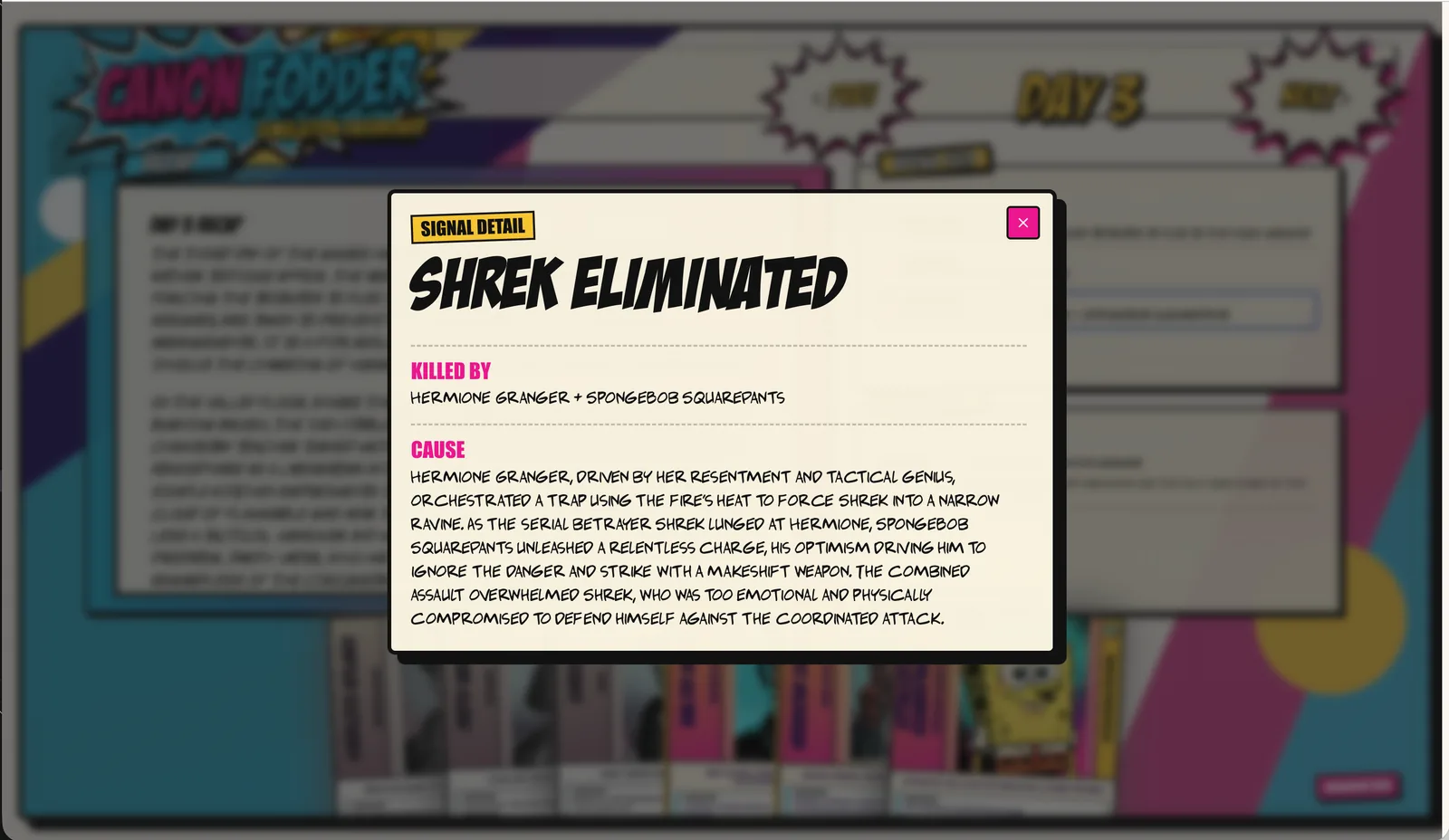 Canon Fodder elimination modal showing Shrek eliminated from the simulation.