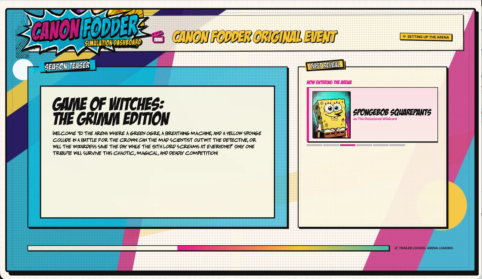 Canon Fodder original event screen showing SpongeBob in a Game of Witches arena event.