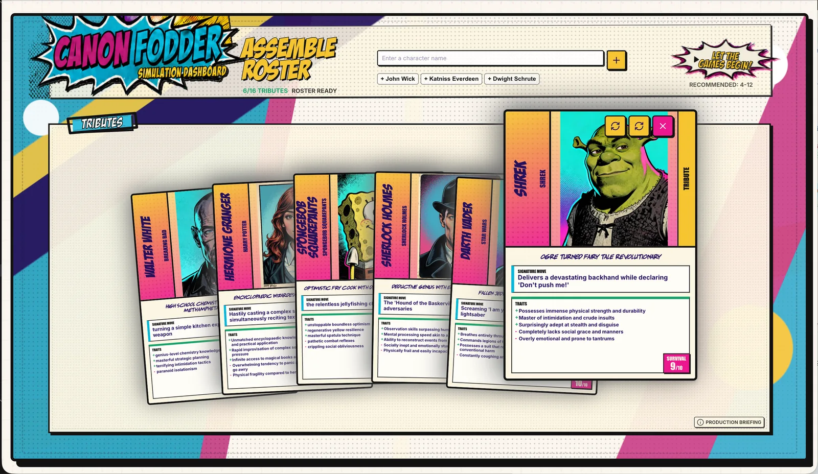 Canon Fodder roster setup screen showing character cards and simulation controls.