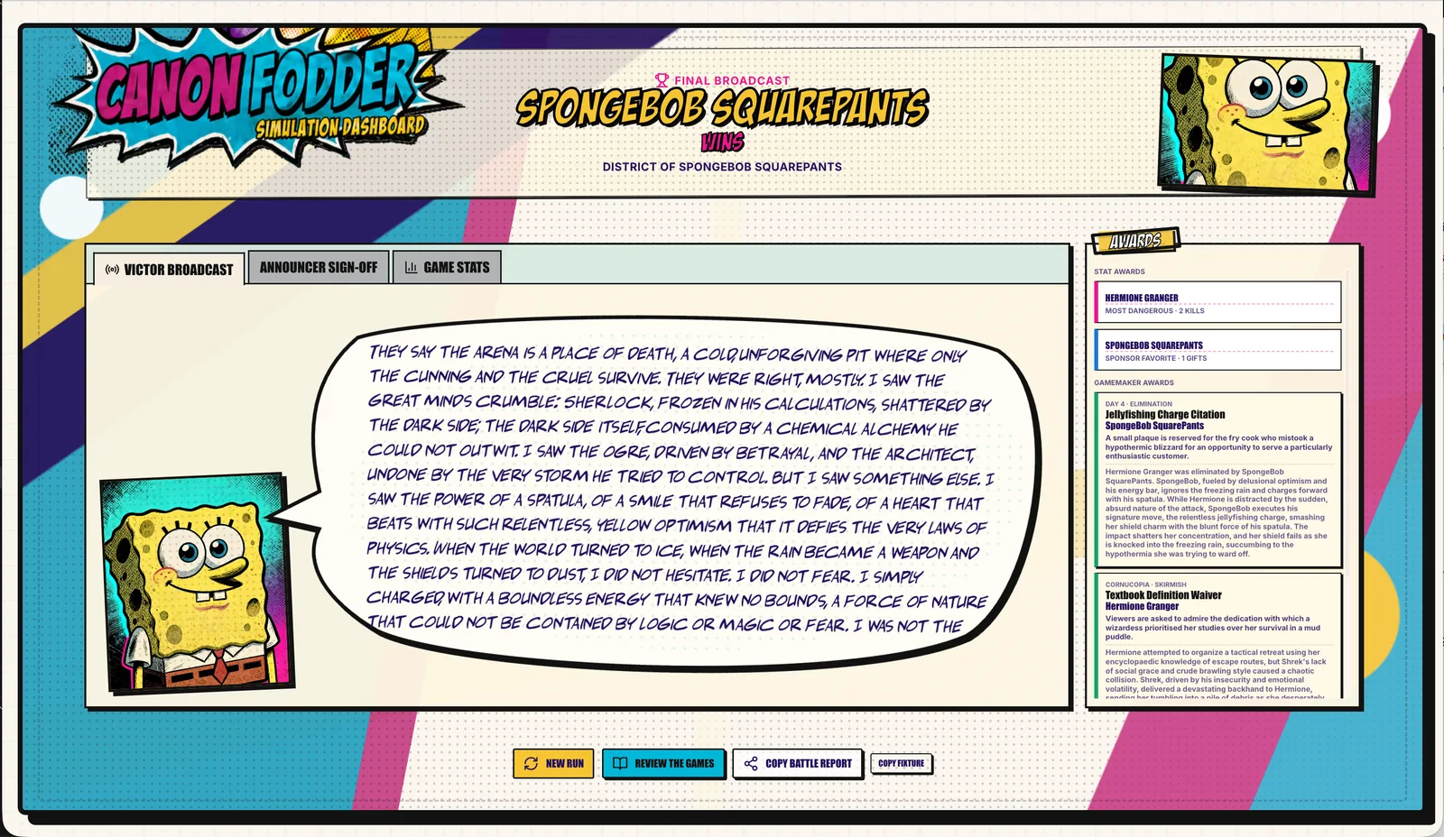 Canon Fodder tribute profile screen showing SpongeBob character details and a speech bubble.